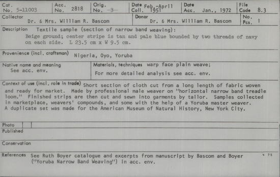 Documentation associated with Hearst Museum object titled Textile sample, accession number 5-11003, described as Textile sample (section of narrow band weaving). Beige ground; center stripe is tan and pale blue bounded two threads of navy on each side.