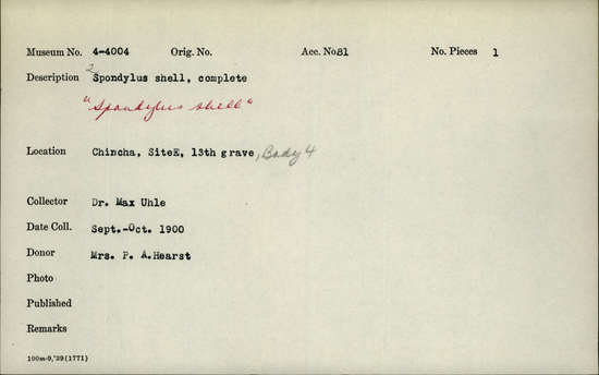 Documentation associated with Hearst Museum object titled Sample, accession number 4-4004, described as Spondylus shell, complete.
