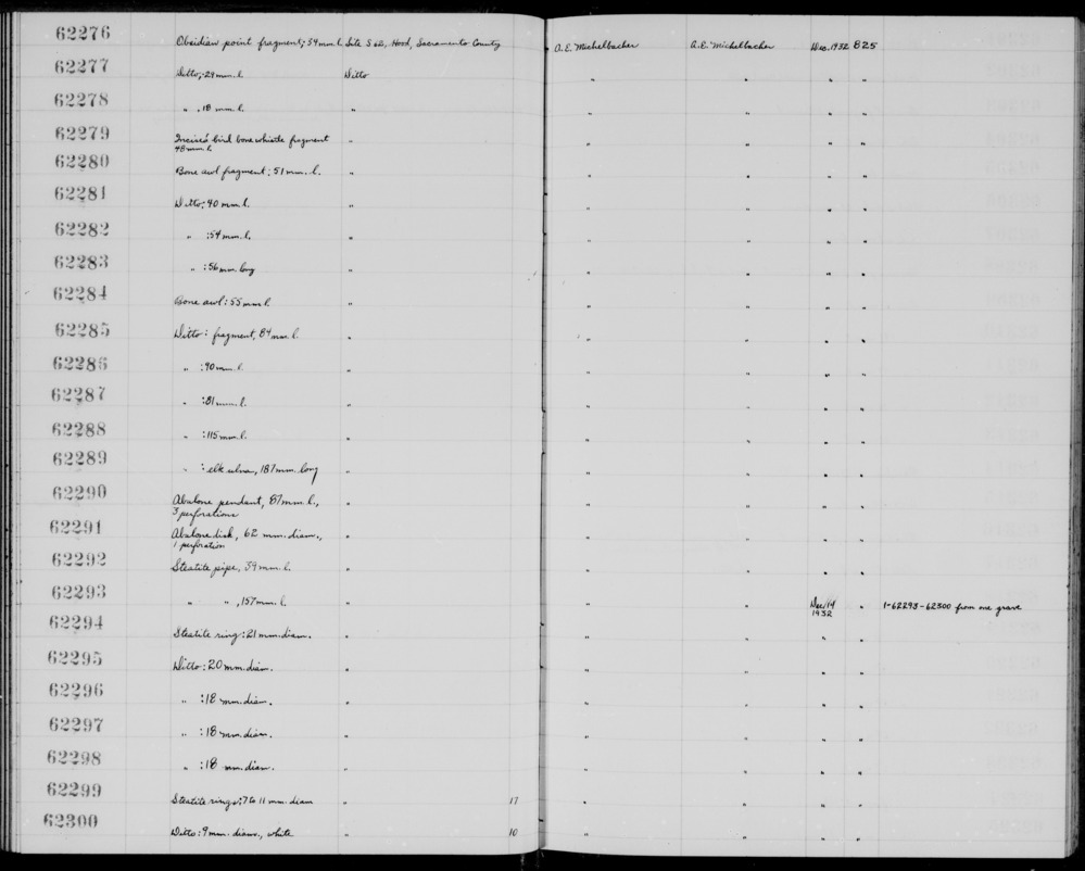 Documentation associated with Hearst Museum object titled Awl, accession number 1-62288, described as Bone.