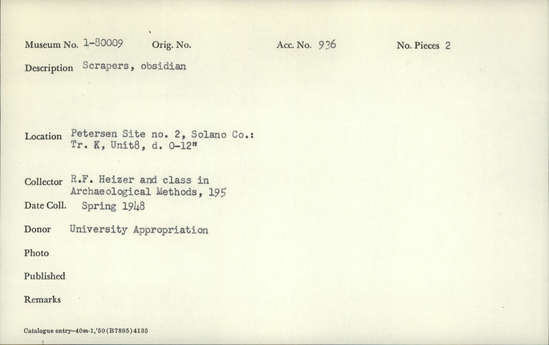 Documentation associated with Hearst Museum object titled Scrapers, accession number 1-80009, described as Obsidian.