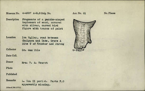 Documentation associated with Hearst Museum object titled Paddle-shaped implement, accession number 4-4937f, no description available.