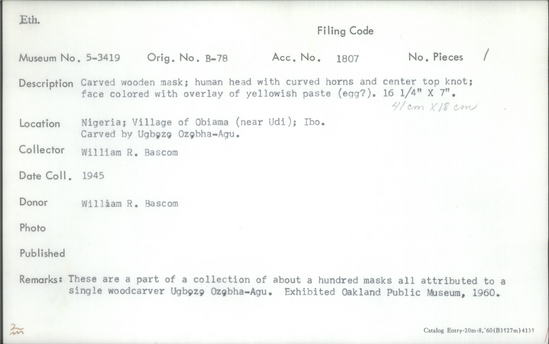 Documentation associated with Hearst Museum object titled Mask, accession number 5-3419, described as Ibo Mask (Udi, 2, 500, 1945).  Open curls; medium size; black, white, and red.