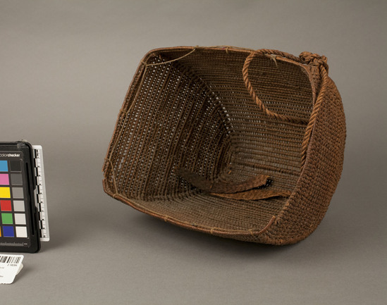 Hearst Museum object 2 of 3 titled Basket, accession number 2-18206, described as Wrapped twined, rectangular mouth. Cedar bark braid strap.