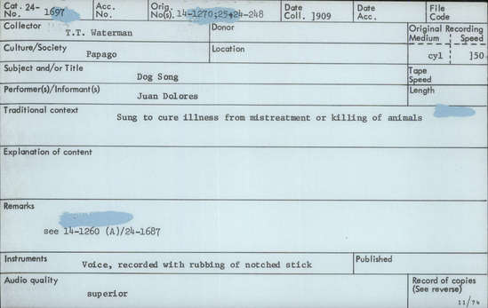 Documentation associated with Hearst Museum object titled Audio recording, accession number 24-1697, described as Dog Song