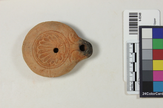Hearst Museum object 4 of 7 titled Oil lamp, accession number 6-8348, described as Pottery lamp, classic type.