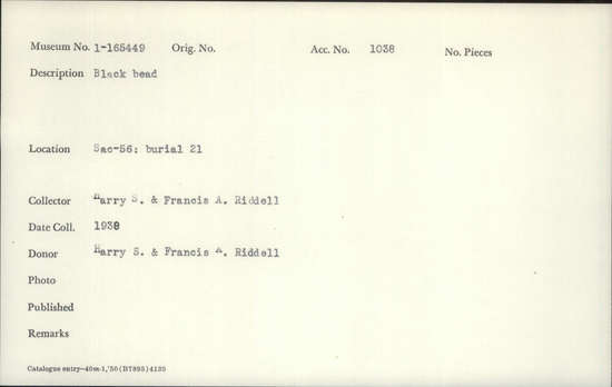 Documentation associated with Hearst Museum object titled Bead, accession number 1-165449, described as Black.