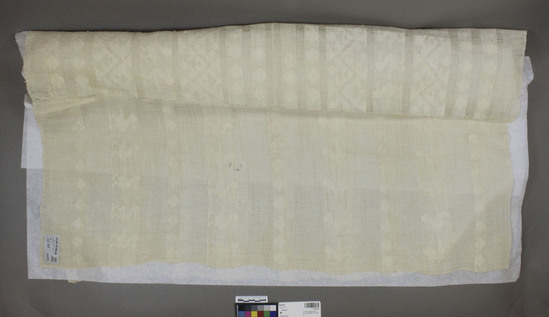 Hearst Museum object titled Huipil, accession number 3-28132, described as Blouse.  Cotton.  Plain and gauze weaves, brocaded.  17 inches x 38 inches White. Bird, spot motifs. See Fig. 99d, (should be 99b)Textiles of Highland Guatemala.