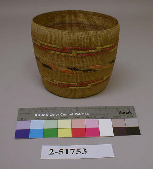 Hearst Museum object titled Basket, accession number 2-51753, described as Straight sided, cylindrical, twined, with 3 design bands in false embroidery, top and bottom band are red and yellow zigzags, center band is orange and purple parallelograms.