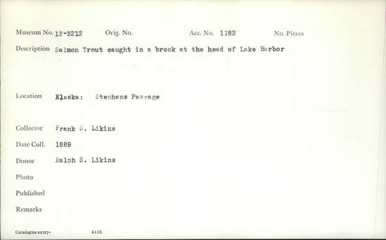 Documentation associated with Hearst Museum object titled Photograph, accession number 13-3212, described as Salmon Trout caught in a brook at the head of Taku Harbor