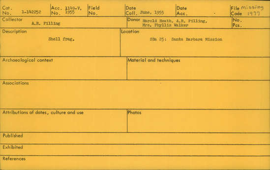 Documentation associated with Hearst Museum object titled Shell fragment, accession number 1-142252, described as Shell fragment.