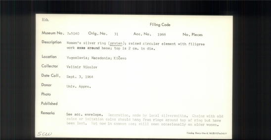 Documentation associated with Hearst Museum object titled Silver ring, accession number 7-5140, described as Woman's silver ring (prsten); raised circular element with filigree work around base; top is 2 cm in dia.