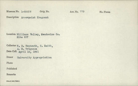 Documentation associated with Hearst Museum object titled Projectile point fragment, accession number 1-60028, described as Arrowpoint fragment