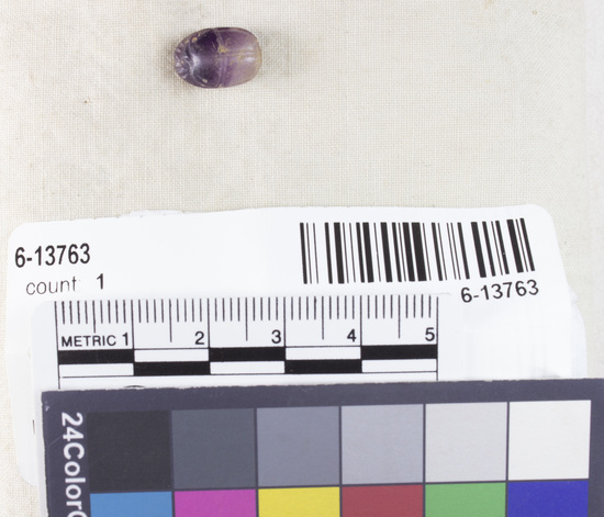 Hearst Museum object 3 of 8 titled Scarab, accession number 6-13763, described as Amethyst scarab, uninscribed. Length 12.2 mm, width 8.3 mm, height 5.9 mm.