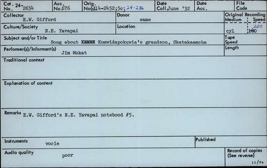 Documentation associated with Hearst Museum object titled Audio recording, accession number 24-2654, described as Song about Komwidapokuwia's grandson, Skatakaamcha