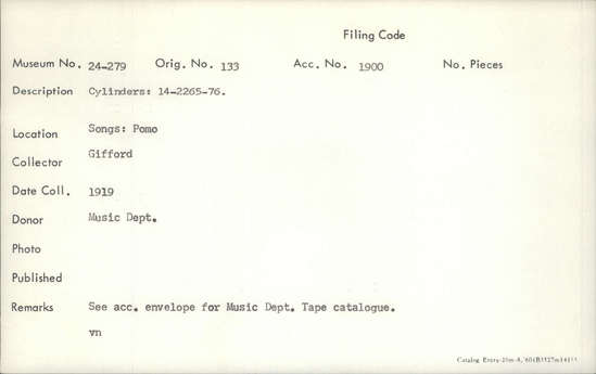 Documentation associated with Hearst Museum object titled Audio recording, accession number 24-279, described as Songs: Pomo. See acc. envelope for music dept. tape catalogue. Cylinders: 14-2265-76.