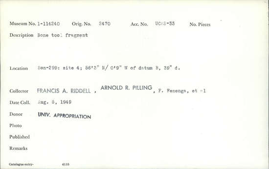 Documentation associated with Hearst Museum object titled Worked bone, accession number 1-114240, described as Bone.