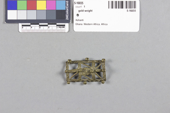 Hearst Museum object 2 of 2 titled Gold weight, accession number 5-16655, described as shield, openwork.