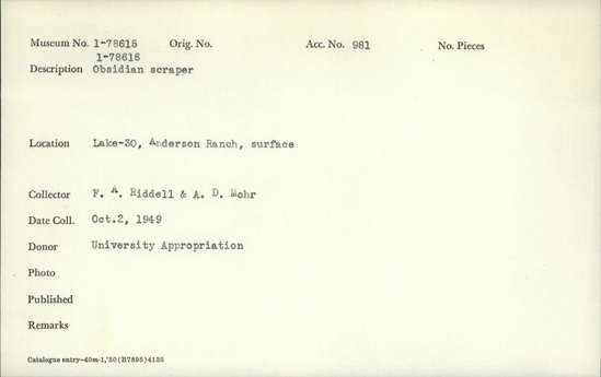 Documentation associated with Hearst Museum object titled Scraper, accession number 1-78615, described as Obsidian.