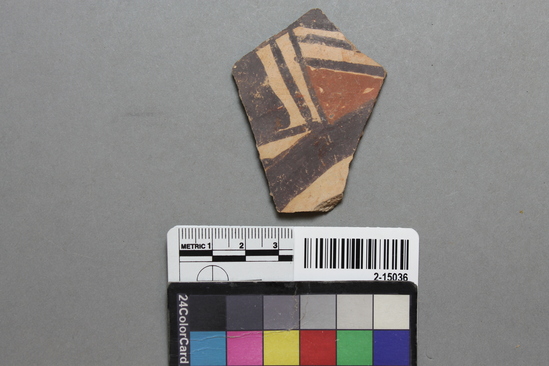 Hearst Museum object titled Potsherd, accession number 2-15036, described as Potsherd; Hawikuh E (letter E refers to Hodges types, identified by Steward).  One sherd had accompanying note: "Matsaki Polychrome (Syn. Hawikuh Brown on Buff) Zuni Series:  White Mountain Red Ware."  Second note "Note:  Not confirmed.  Could be Haikuh Dull Paint from Pueblo V or Hawikuh Polychrome".