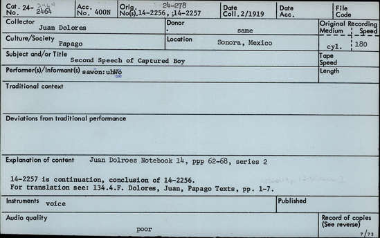 Documentation associated with Hearst Museum object titled Audio recording, accession number 24-2464, described as Second speech of captured boy Notebook 14, pp62-68 Series 2