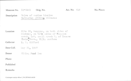 Documentation associated with Hearst Museum object titled Shell: bivalve, accession number 11-5441, described as bivalve