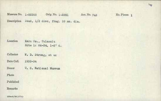 Documentation associated with Hearst Museum object titled Bead, accession number 1-52300, described as Half disc, fragment.