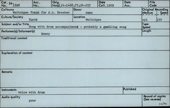 Documentation associated with Hearst Museum object titled Audio recording, accession number 24-1898, described as Gambling Song