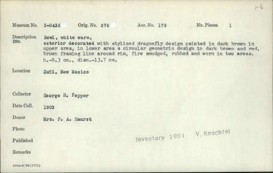 Documentation associated with Hearst Museum object titled Bowl, accession number 2-8436, described as White ware, exterior decorated with stylized dragonfly design painted in dark brown in upper area, in lower area a circular geometric design in dark brown and red, brown framing line around rim, fire smudged, rubbed and worn in two areas.