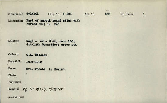 Documentation associated with Hearst Museum object titled Stick, accession number 6-14101, described as Part of smooth round stick with curved end; length 24".