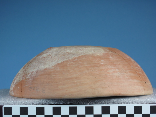 Hearst Museum object 41 of 66 titled Broken bowl, accession number 6-5728, described as Pottery: smooth pinkish bowl, broken burnished lines inside and out.  Diameter 20cm, height 6cm.