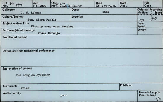 Documentation associated with Hearst Museum object titled Audio recording, accession number 24-2771, described as Victory Song over Navajos