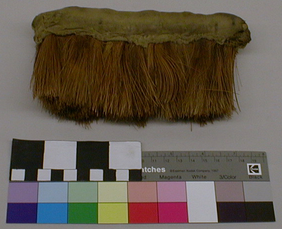 Hearst Museum object titled Brush, accession number L-12083, described as Soap root brush.  Bound together, stitched cotton cover.