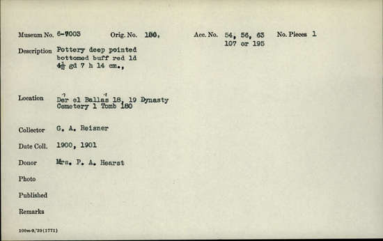 Documentation associated with Hearst Museum object titled Beer cup, accession number 6-7003, described as Pottery: deep pointed-bottomed buff, red; least diameter 4 1/2 cm, greatest diameter 7 cm, height 14 cm.