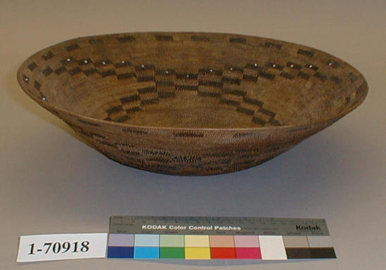 Hearst Museum object titled Basket, accession number 1-70918, described as Single rod coiling with beads interior, wide mouth, sloping sides.