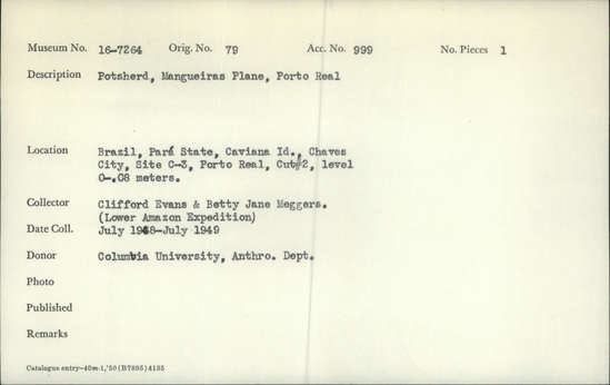 Documentation associated with Hearst Museum object titled Potsherds, accession number 16-7264, described as Potsherds, Mangueires Plain