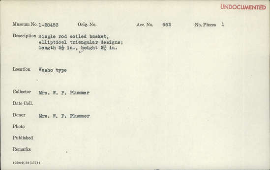 Documentation associated with Hearst Museum object titled Basket, accession number 1-28453, described as Single rod coiled basket, elliptical triangular designs.
