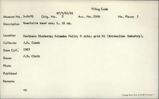 Documentation associated with Hearst Museum object titled Handaxe, accession number 5-5470, described as Quartzite hand axe; L. 16 cm