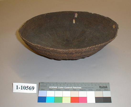 Hearst Museum object titled Basket, accession number 1-10569, described as Basket; twined. Warp is Hazel (Corylus cornuta californica), weft is Alder root (Alnus rubra). White pattern is Beargrass (Xerophyllum tenax).