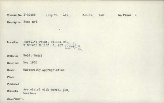 Documentation associated with Hearst Museum object titled Awl, accession number 1-29463, described as Bone