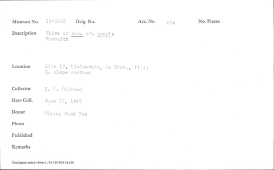 Documentation associated with Hearst Museum object titled Shell, accession number 11-5532, described as Valve of Arca cf scapha Chemnitz