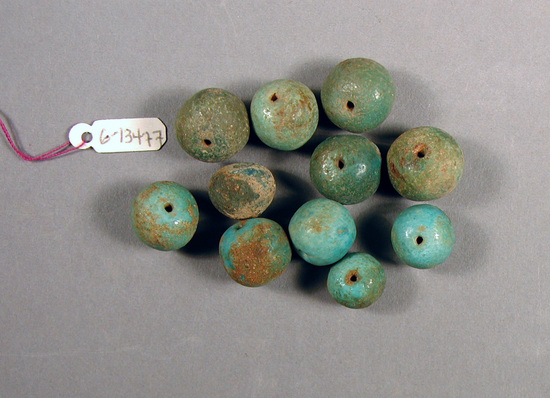 Hearst Museum object 3 of 3 titled Beads, accession number 6-13477, described as String blue glaze spherical (ball) beads; length 19 cm.