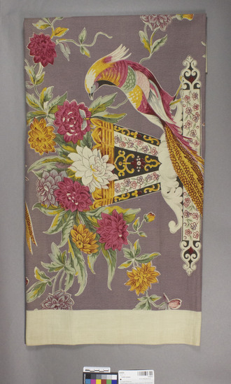 Hearst Museum object titled Textile sample, accession number 2-62639, described as Strip; cotton, plain weave, printed, purple ground, varicolored designs, bird, basket and floral motives, 4 sample swatches attached William D. McCann