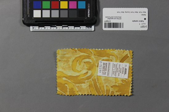 Hearst Museum object titled Fabric sample, accession number 2-72277, described as 100% long staple cotton sample, no. 5086 Uccelli design, yellow and white color, Fortuny Inc.