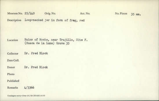 Documentation associated with Hearst Museum object titled Color slide, accession number 25-140, described as Loop-necked jar in form of frog, red