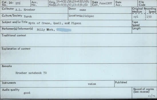 Documentation associated with Hearst Museum object titled Audio recording, accession number 24-976, described as Myth of Crane, Quail, and Pigeon