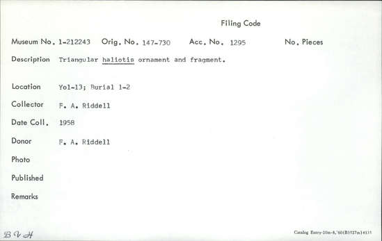 Documentation associated with Hearst Museum object titled Pendant fragment, accession number 1-212243, described as Triangular haliotis.