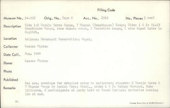 Documentation associated with Hearst Museum object titled Audio track, accession number 24-312A.SE#26.A.5, described as Shaman Song (for body pain, swelling, or broken bones)