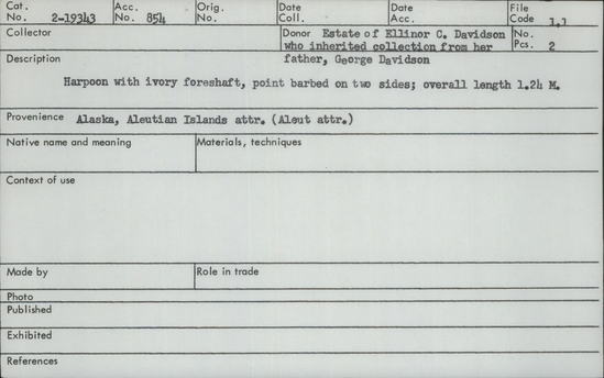 Documentation associated with Hearst Museum object titled Harpoon, accession number 2-19343, described as Ivory foreshaft; point barbed on two sides.