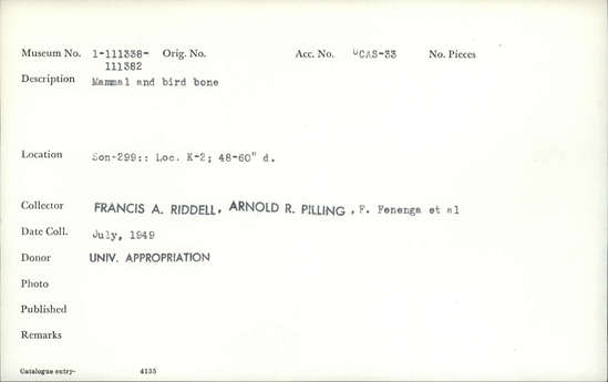Documentation associated with Hearst Museum object titled Faunal remains, accession number 1-111378, described as Mammal and bird.