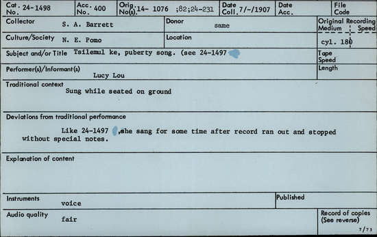 Documentation associated with Hearst Museum object titled Audio recording, accession number 24-1498, described as Puberty Song (Tsilemulke)